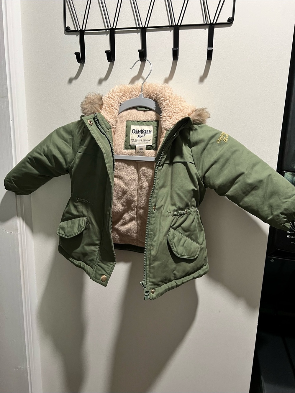 OshKosh B'gosh Olive Green Jacket with Cream Sherpa Hood Trim